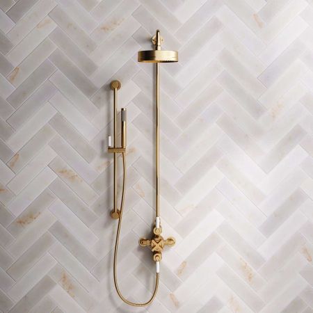 Bayor Dual Outlet Exposed Shower with Slider Rail, 8" Rose & White Levers in Brushed Brass