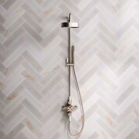 Bayor Dual Outlet Exposed Shower with Riser Mounted Handshower, 8" Rose & White Levers in Brushed Nickel