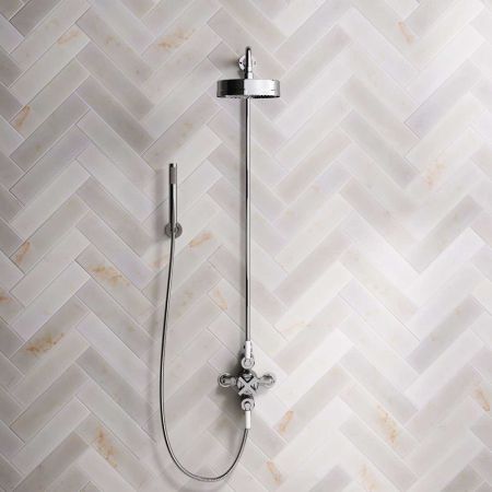 Bayor Dual Outlet Exposed Shower with Handshower Hook, 8" Rose & White Levers in Chrome