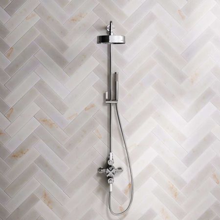 Bayor Dual Outlet Exposed Shower with Riser Mounted Handshower, 8" Rose & White Levers in Chrome