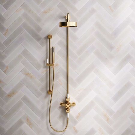 Bayor Dual Outlet Exposed Shower with Slider Rail, 8" Rose & White Levers in Living Brass