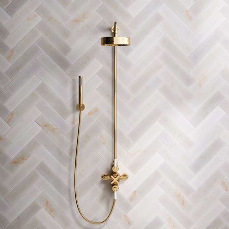 Bayor Dual Outlet Exposed Shower with Handshower Hook, 8" Rose & White Levers in Living Brass