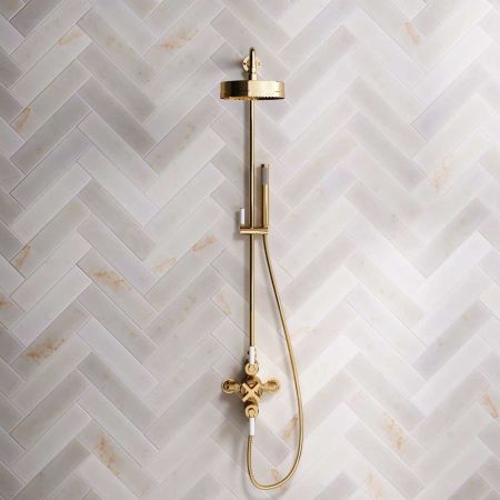 Bayor Dual Outlet Exposed Shower with Riser Mounted Handshower, 8" Rose & White Levers in Living Brass