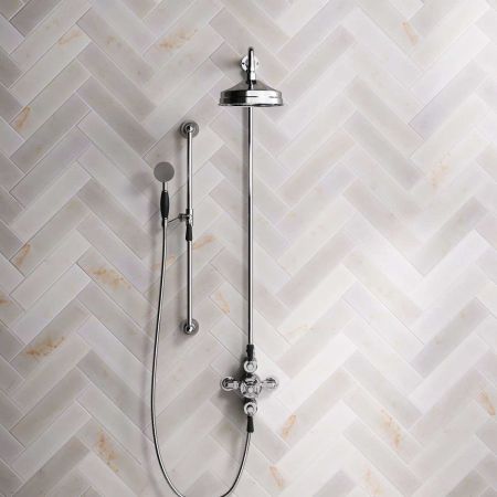 Linton Dual Outlet Exposed Shower with Slider Rail, 8" Rose & Black Levers in Chrome