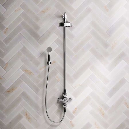 Linton Dual Outlet Exposed Shower with Handshower Hook, 6" Rose & Black Levers in Chrome