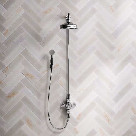 Linton Dual Outlet Exposed Shower with Handshower Hook, 8" Rose & Black Levers in Chrome