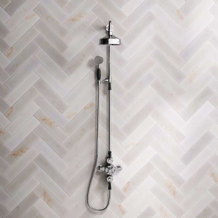 Linton Dual Outlet Exposed Shower with Riser Mounted Handshower 6" Rose & Black Lever in Chrome