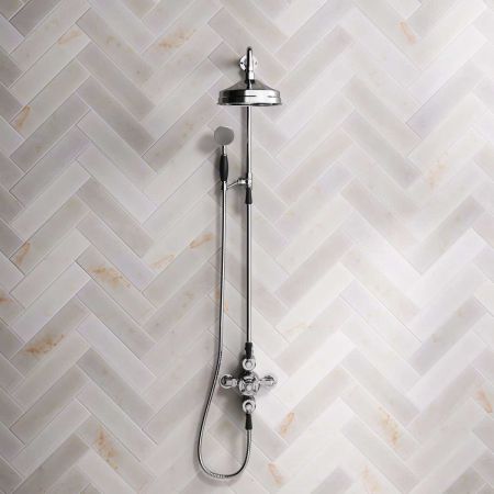 Linton Dual Outlet Exposed Shower with Riser Mounted Handshower 8" Rose & Black Lever in Chrome