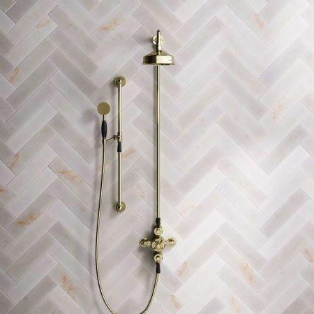 Calder Dual Outlet Shower Kit - Exposed Valve - 6 inch Rose - Black Ceramic Lever - Handshower Slider-Rail - Timeless Brass