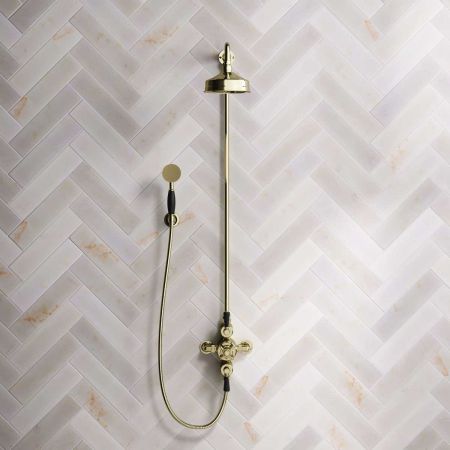 Calder Dual Outlet Shower Kit - Exposed Valve - 6 inch Rose - Black Ceramic Lever - Handshower Hook - Timeless Brass