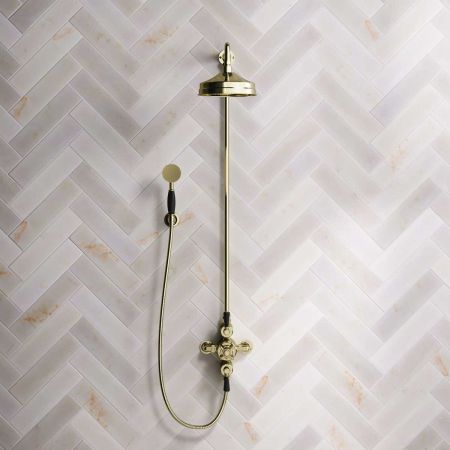 Calder Dual Outlet Shower Kit - Exposed Valve - 8 inch Rose - Black Ceramic Lever - Handshower Hook - Timeless Brass