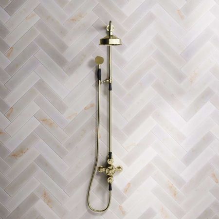 Calder Dual Outlet Shower Kit - Exposed Valve - 6 inch Rose - Black Ceramic Lever - Handshower Mounted on Riser-Rail - Timeless Brass