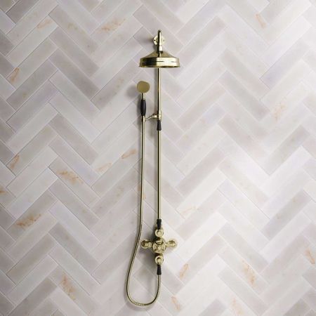 Calder Dual Outlet Shower Kit - Exposed Valve - 8 inch Rose - Black Ceramic Lever - Handshower Mounted on Riser-Rail - Timeless Brass