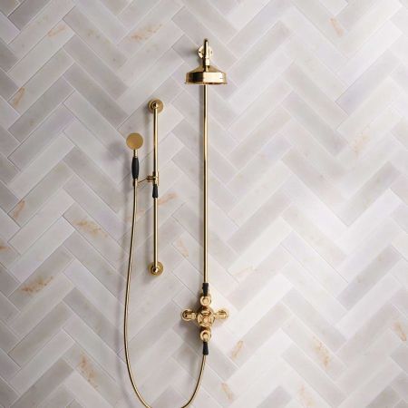Calder Dual Outlet Shower Kit - Exposed Valve - 6 inch Rose - Black Ceramic Lever - Handshower Slider-Rail - Living Brass