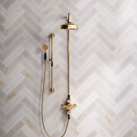 Calder Dual Outlet Shower Kit - Exposed Valve - 8 inch Rose - Black Ceramic Lever - Handshower Slider-Rail - Living Brass