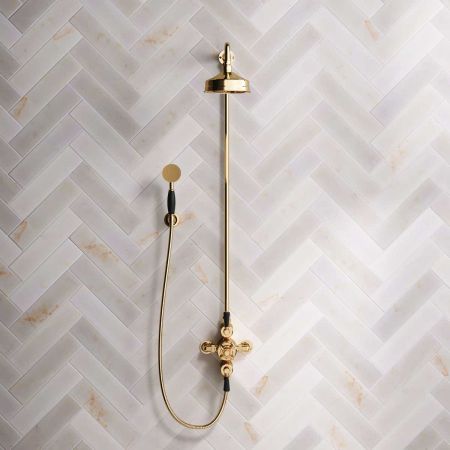 Calder Dual Outlet Shower Kit - Exposed Valve - 6 inch Rose - Black Ceramic Lever - Handshower Hook - Living Brass