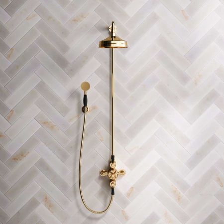 Calder Dual Outlet Shower Kit - Exposed Valve - 8 inch Rose - Black Ceramic Lever - Handshower Hook - Living Brass