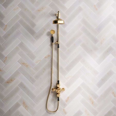 Calder Dual Outlet Shower Kit - Exposed Valve - 6 inch Rose - Black Ceramic Lever - Handshower Mounted on Riser-Rail - Living Brass