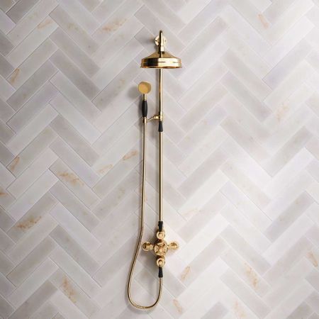Calder Dual Outlet Shower Kit - Exposed Valve - 8 inch Rose - Black Ceramic Lever - Handshower Mounted on Riser-Rail - Living Brass
