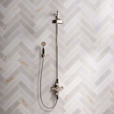 Linton Dual Outlet Exposed Shower with Handshower Hook, 6" Rose & Black Levers in Polished Nickel