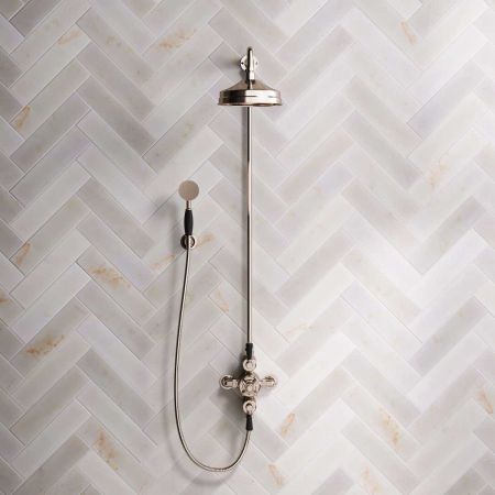 Linton Dual Outlet Exposed Shower with Handshower Hook, 8" Rose & Black Levers in Polished Nickel