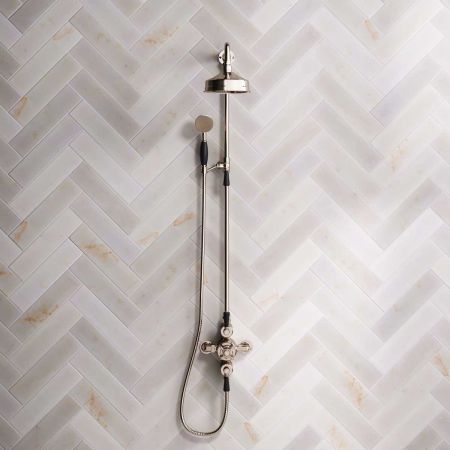 Linton Dual Outlet Exposed Shower with Riser Mounted Handshower 6" Rose & Black Lever in Polished Nickel
