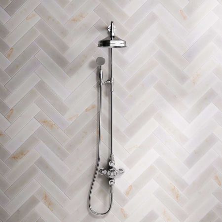 Linton Dual Outlet Exposed Shower with Riser Mounted Handshower, 8" Rose & Metal Levers in Chrome