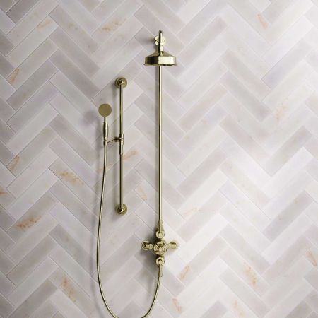 Calder Dual Outlet Shower Kit - Exposed Valve - 6 inch Rose - Metal Lever - Handshower Slider-Rail - Timeless Brass