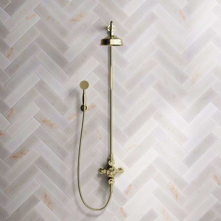 Calder Dual Outlet Shower Kit - Exposed Valve - 6 inch Rose - Metal Lever - Handshower Hook - Timeless Brass