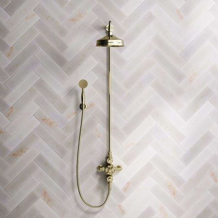 Calder Dual Outlet Shower Kit - Exposed Valve - 8 inch Rose - Metal Lever - Handshower Hook - Timeless Brass