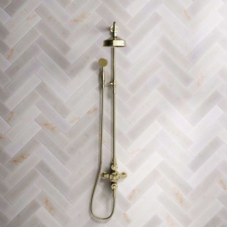 Calder Dual Outlet Shower Kit - Exposed Valve - 6 inch Rose - Metal Lever - Handshower Mounted on Riser-Rail - Timeless Brass