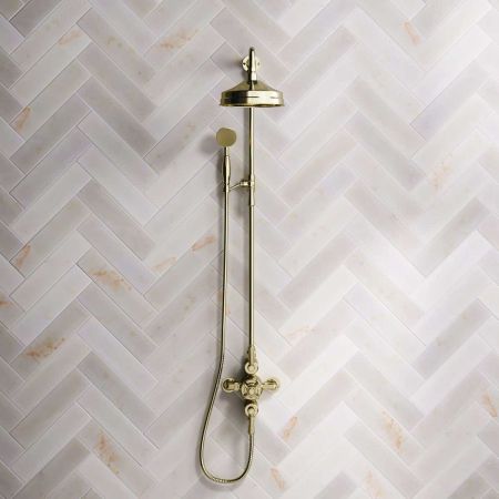 Calder Dual Outlet Shower Kit - Exposed Valve - 8 inch Rose - Metal Lever - Handshower Mounted on Riser-Rail - Timeless Brass