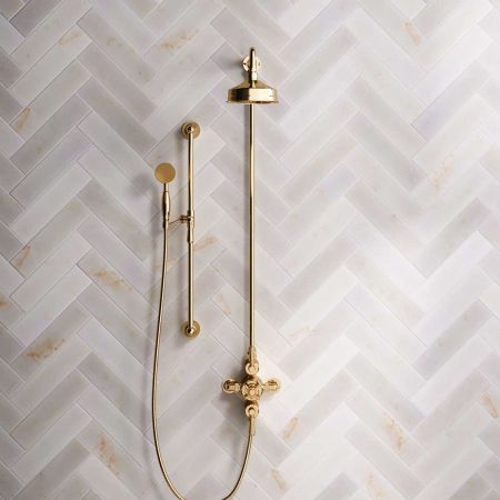 Calder Dual Outlet Shower Kit - Exposed Valve - 6 inch Rose - Metal Lever - Handshower Slider-Rail - Living Brass