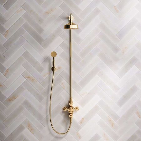 Calder Dual Outlet Shower Kit - Exposed Valve - 6 inch Rose - Metal Lever - Handshower Hook - Living Brass