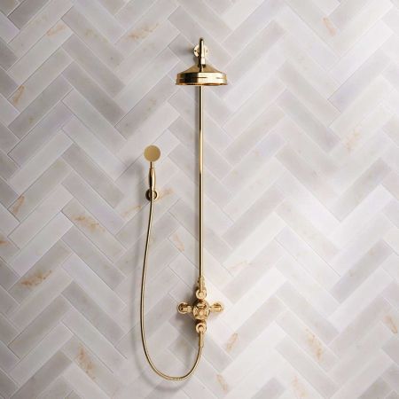 Calder Dual Outlet Shower Kit - Exposed Valve - 8 inch Rose - Metal Lever - Handshower Hook - Living Brass