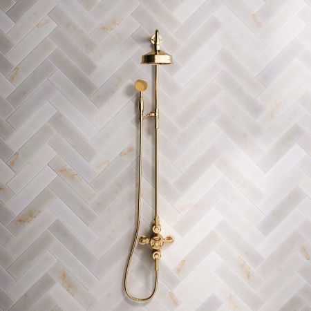 Calder Dual Outlet Shower Kit - Exposed Valve - 6 inch Rose - Metal Lever - Handshower Mounted on Riser-Rail - Living Brass
