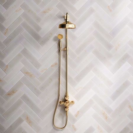 Calder Dual Outlet Shower Kit - Exposed Valve - 8 inch Rose - Metal Lever - Handshower Mounted on Riser-Rail - Living Brass