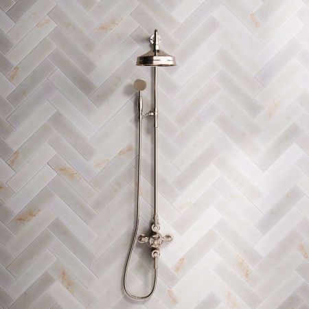 Linton Dual Outlet Exposed Shower with Riser Mounted Handshower, 8" Rose & Metal Levers in Polished Nickel