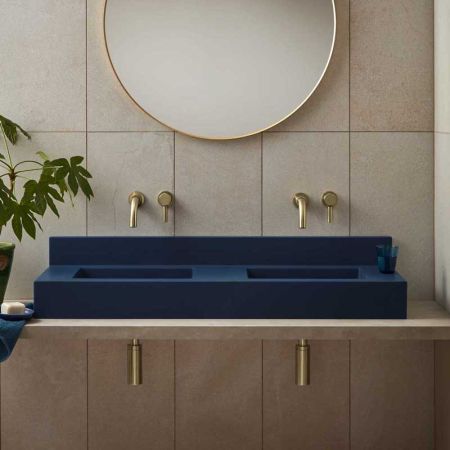 Xanti Rectangular Concrete Double Basin With Backsplash - Freestanding - Midnight Blue