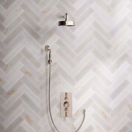 Klee Dual Outlet Concealed Shower with Hook Mount, 500mm Wall Arm & 8" Rose - Metal Lever - Polished Nickel