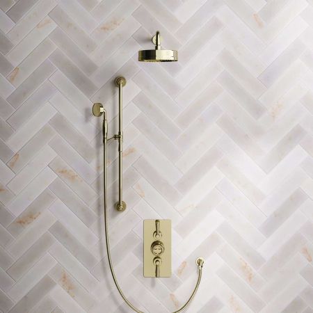 Klee Dual Outlet Concealed Shower with Slider Rail, 500mm Wall Arm & 8" Rose - Metal Lever - Timeless Brass