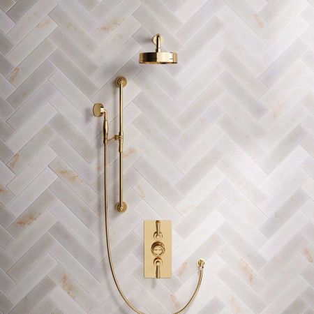 Klee Dual Outlet Concealed Shower with Slider Rail, 300mm Wall Arm & 8" Rose - Metal Lever - Living Brass