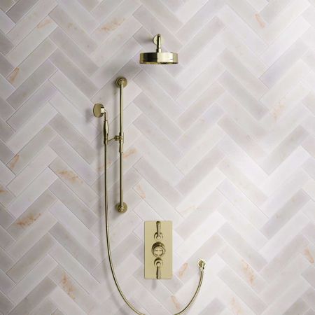 Klee Dual Outlet Concealed Shower with Slider Rail, 300mm Wall Arm & 8" Rose - Metal Lever - Timeless Brass