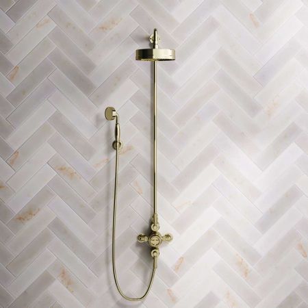 Klee Dual Outlet Exposed Shower with Rigid Riser, Hook Mount & 8" Rose - Metal Lever - Timeless Brass