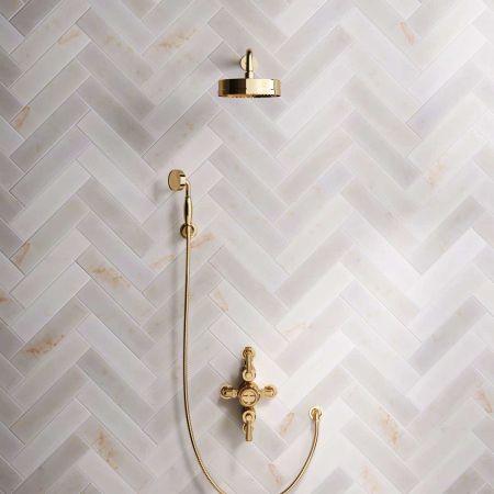 Klee Dual Outlet Semi Exposed Shower with Hook Mount, 500mm Wall Arm & 8" Rose - Metal Lever - Living Brass