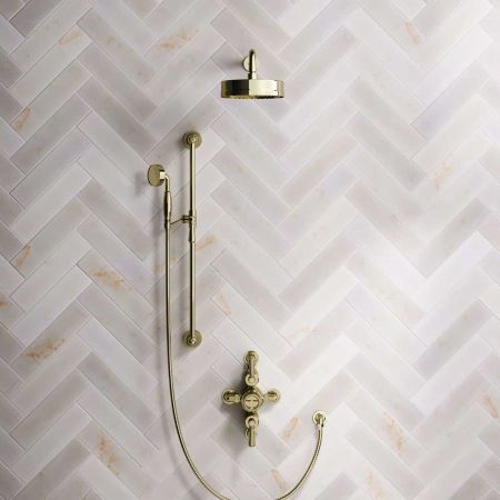 Klee Dual Outlet Semi Exposed Shower with Slider Rail, 500mm Wall Arm & 8" Rose - Metal Lever - Timeless Brass
