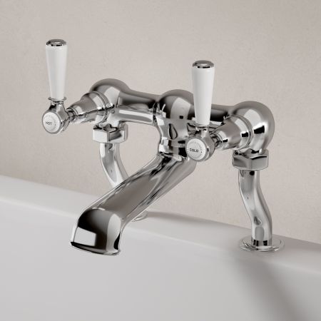 Linton Classic Deck Mounted Bath Filler with White Levers in Chrome