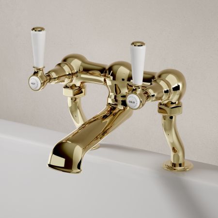 Linton Classic Deck Mounted Bath Filler with White Levers in Timeless Brass