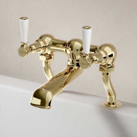 Linton Bath Filler Tap White Lever Timeless Brass 3/4BSP