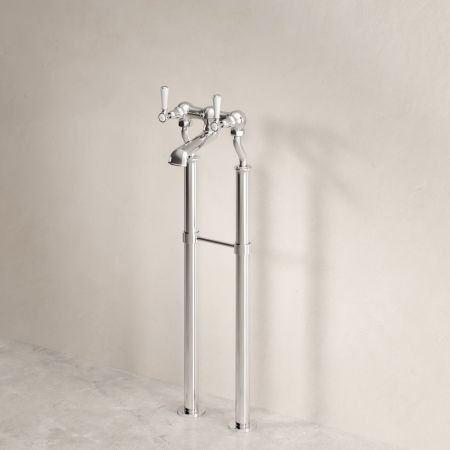 Linton Classic Floor Mounted Bath Filler with 620mm Standpipes & White Levers in Chrome